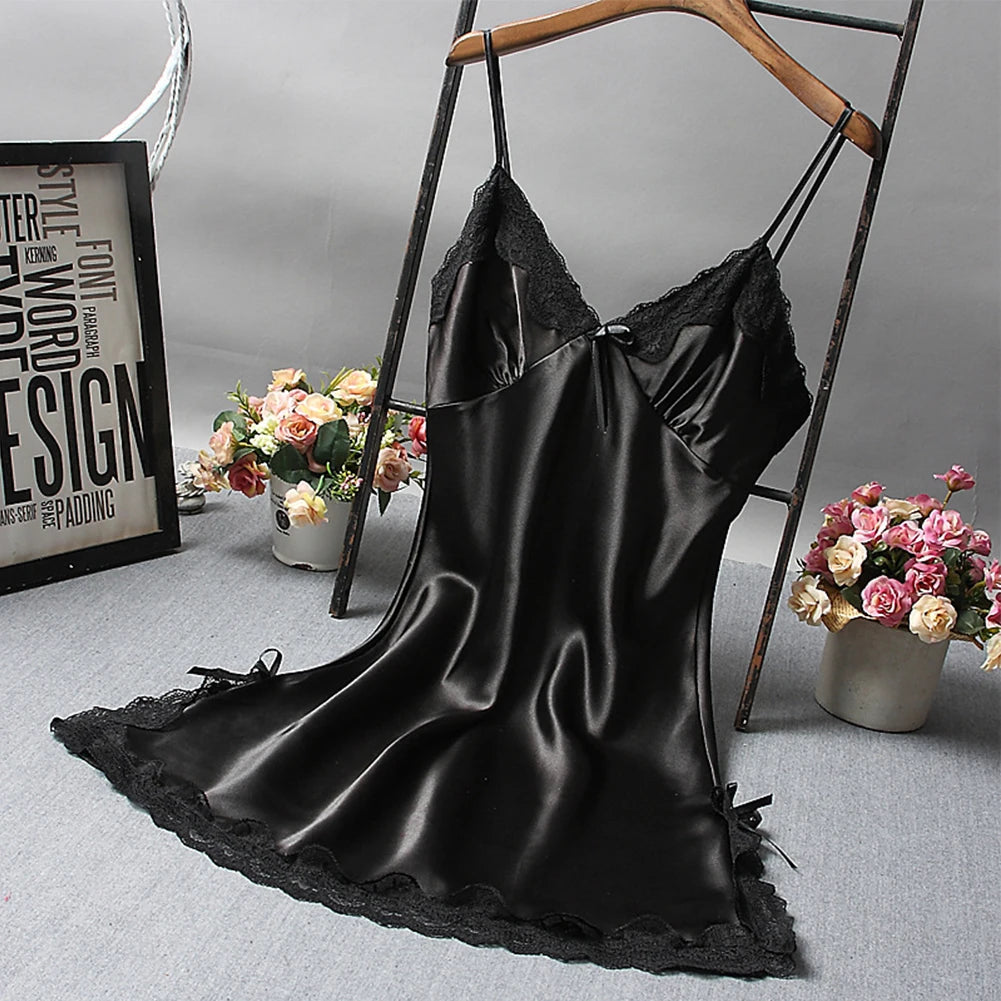 Summer Women'S Sexy Satin Soft Nightdress Lace Lingerie Sleepwear Solid Color Ladies Wrap Short Dresses Nightwear