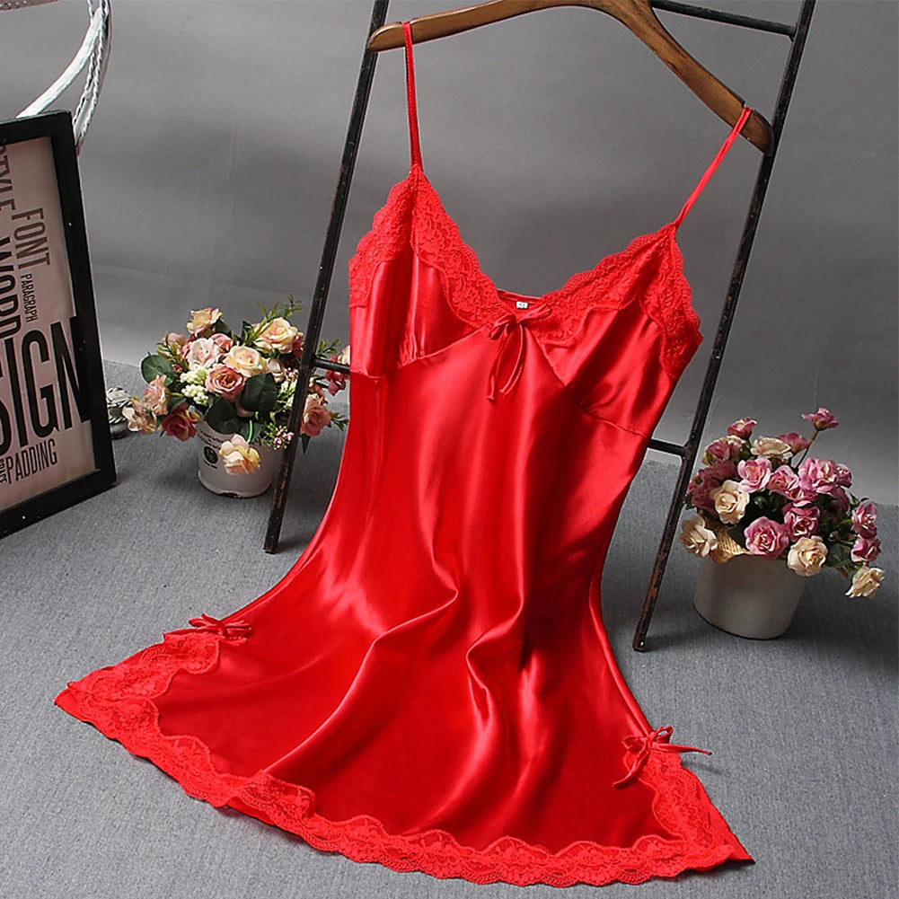 Summer Women'S Sexy Satin Soft Nightdress Lace Lingerie Sleepwear Solid Color Ladies Wrap Short Dresses Nightwear