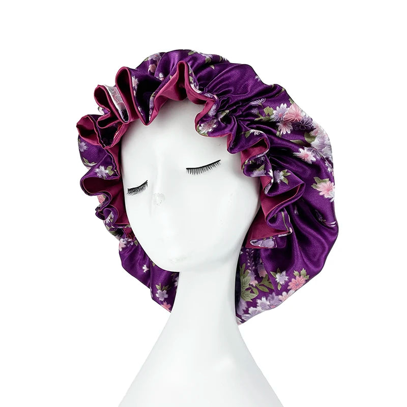 Double Layer Silky Satin Bonnet Women Sleeping Cap Large Reversible Satin Linned Night Sleep Headwrap Hat Hair Wrap Accessories