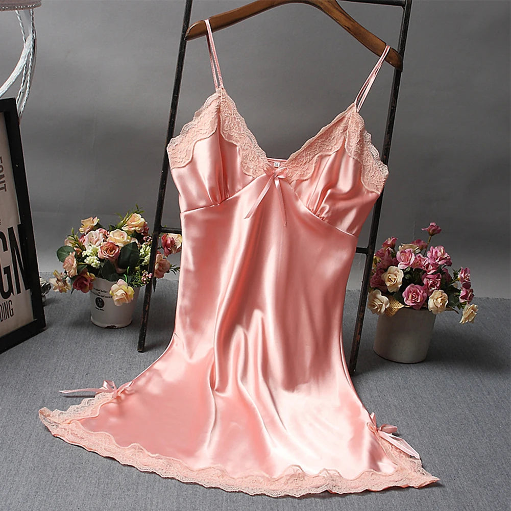 Summer Women'S Sexy Satin Soft Nightdress Lace Lingerie Sleepwear Solid Color Ladies Wrap Short Dresses Nightwear