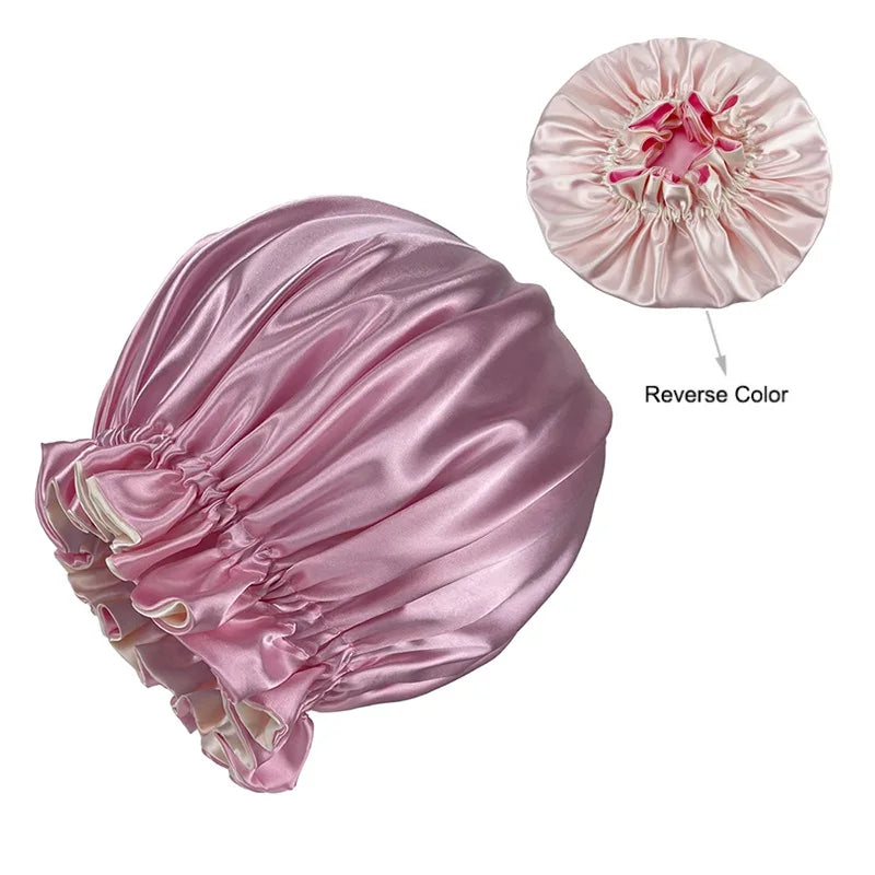 Double Layer Silky Satin Bonnet Women Sleeping Cap Large Reversible Satin Linned Night Sleep Headwrap Hat Hair Wrap Accessories