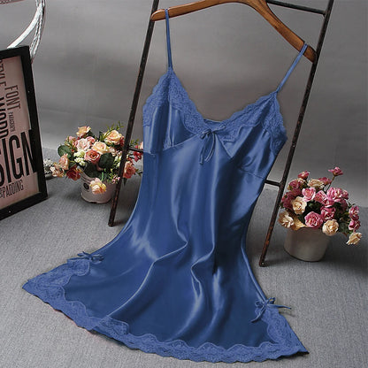 Summer Women'S Sexy Satin Soft Nightdress Lace Lingerie Sleepwear Solid Color Ladies Wrap Short Dresses Nightwear