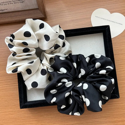 Korea Fashion Dot Satin Scrunchies for Women White Big Hair Bands Elastic Silk Hair Tie Girls Black Ponytail Holder Hair Rope