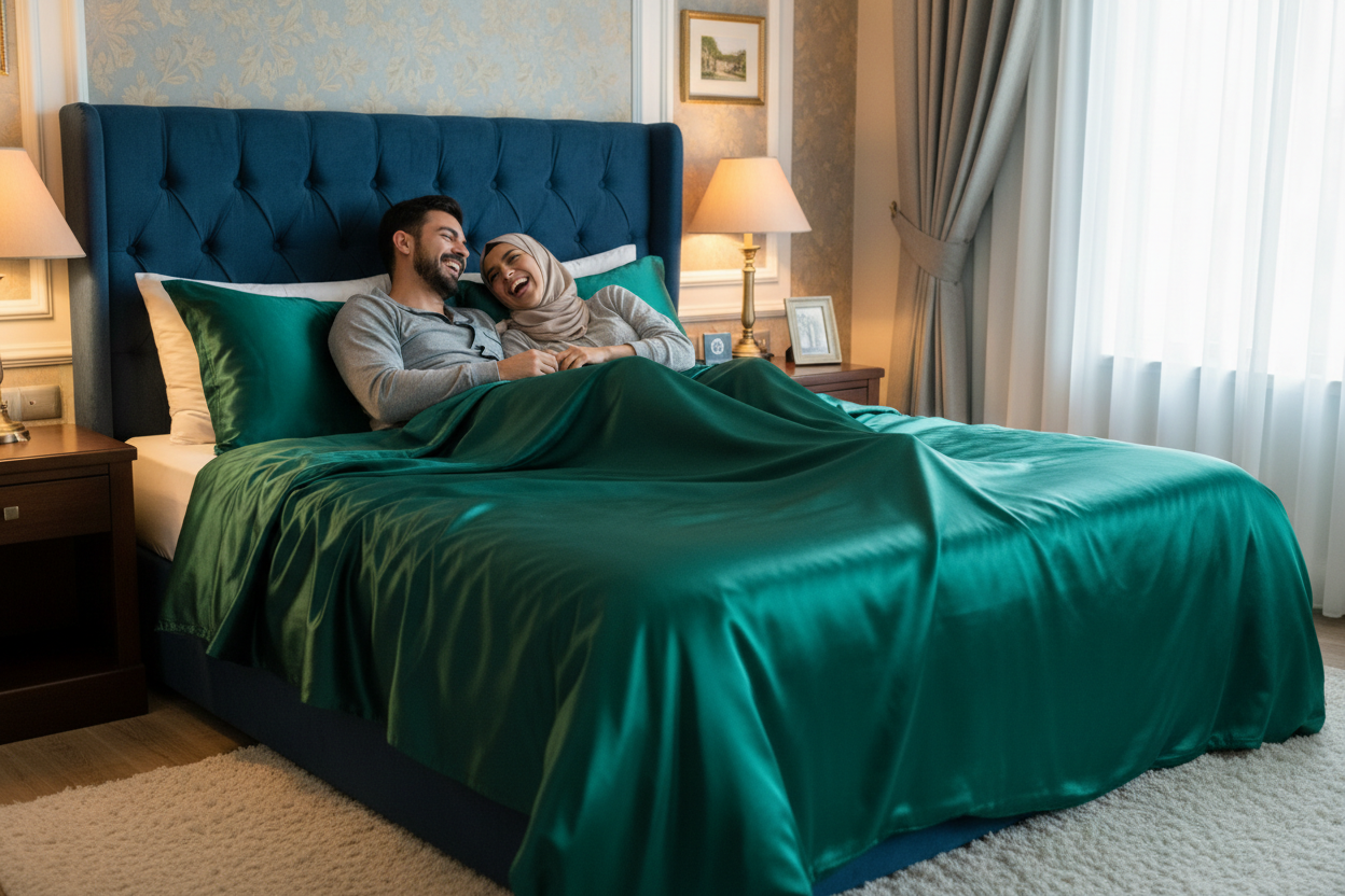 A photorealistic image of a satisfied muslim couple lying in a bed with emerald green satin sheets and pillowcases. They are laughing and look extremely comfortable. The texture of the satin is shiny and smooth. Warm ambient lighting, hotel-style bedroom decor, cozy atmosphere, high detail. --ar 16:9