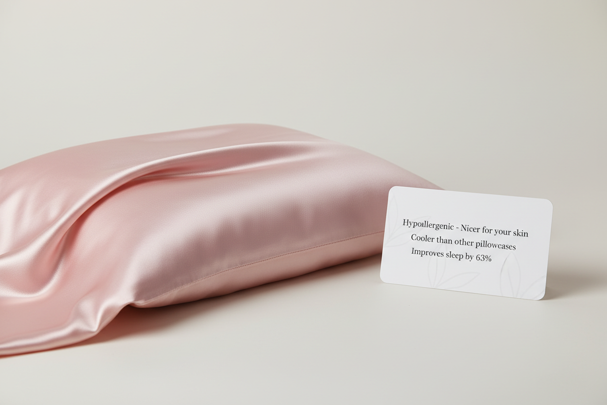 realistic and high quality image of a pink pillowcase satin with advice next to it saying its nicer for the skin because satin is hypoallergenic, cooler than other pillow case and improve sleep by 63%